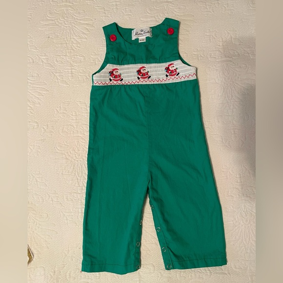 Marie Nicole Other - Marie Nicole Santa Smocked John John Christmas 6 Months NWOT Baby Green Overalls